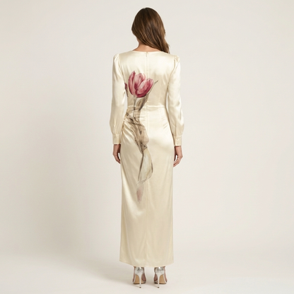 Yeliz | Puff-Sleeve Tulip-Print Ruched Maxi Dress with High Slit