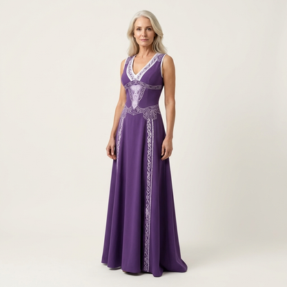 Jessabell | V-Neck Halter Celtic-Embroidered A-Line Maxi Dress