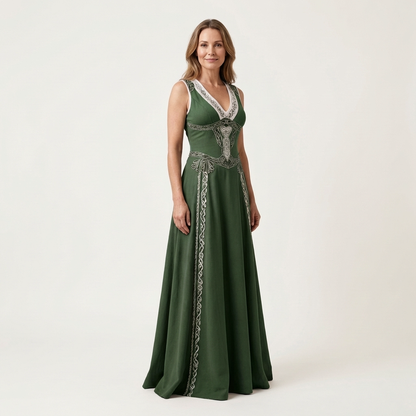 Jessabell | V-Neck Halter Celtic-Embroidered A-Line Maxi Dress