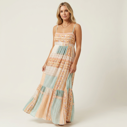 Botina | Spaghetti-Strap Boho-Print Tiered Maxi Dress with Open Back