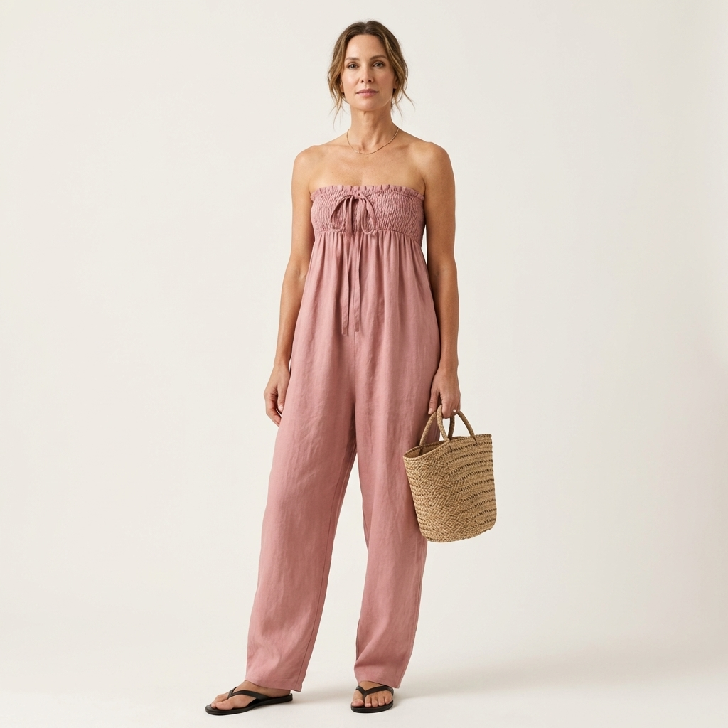 Asaru | Strapless Smocked Tie-Front Wide-Leg Jumpsuit
