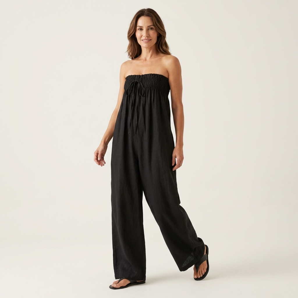 Asaru | Strapless Smocked Tie-Front Wide-Leg Jumpsuit