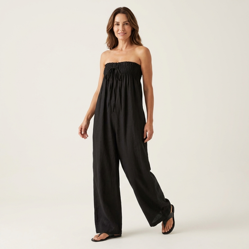 Asaru | Strapless Smocked Tie-Front Wide-Leg Jumpsuit