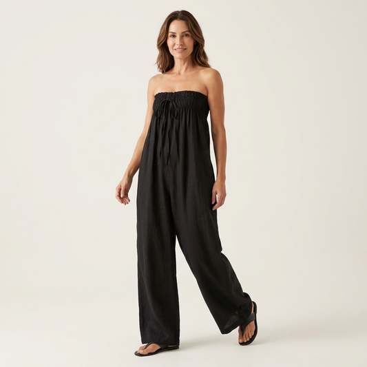 Asaru | Strapless Smocked Tie-Front Wide-Leg Jumpsuit