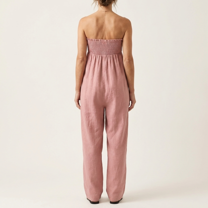 Asaru | Strapless Smocked Tie-Front Wide-Leg Jumpsuit