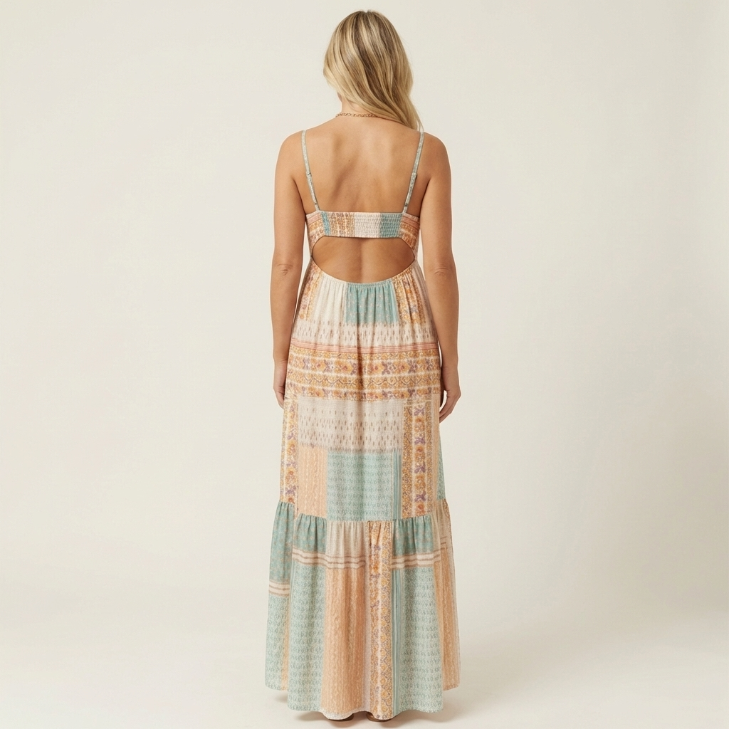 Botina | Spaghetti-Strap Boho-Print Tiered Maxi Dress with Open Back