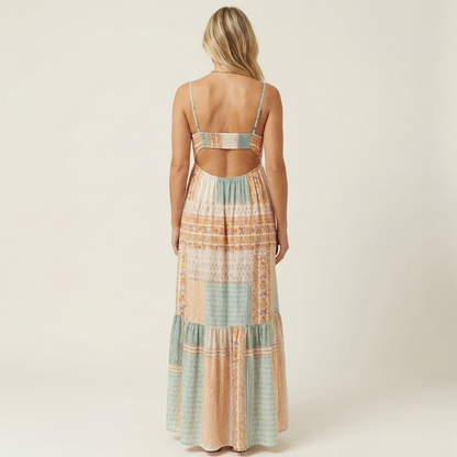 Botina | Spaghetti-Strap Boho-Print Tiered Maxi Dress with Open Back