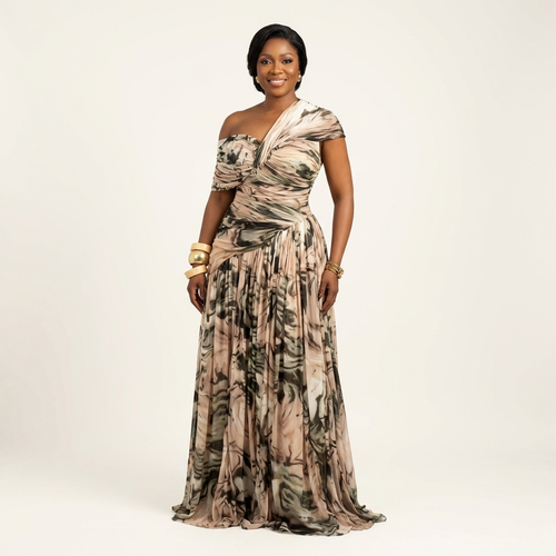 Maggy | One-Shoulder Draped Marble-Print Pleated Maxi Dress