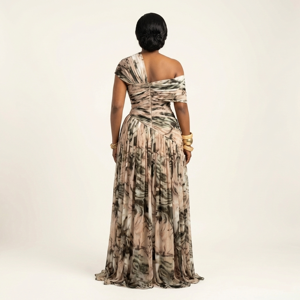 Maggy | One-Shoulder Draped Marble-Print Pleated Maxi Dress