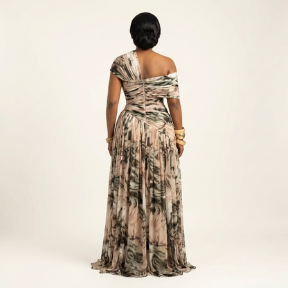 Maggy | One-Shoulder Draped Marble-Print Pleated Maxi Dress