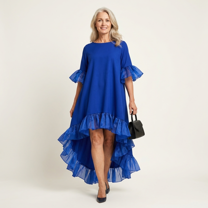 Margot | Crew-Neck Butterfly-Sleeve Tiered Ruffle-Hem Hi-Lo Dress