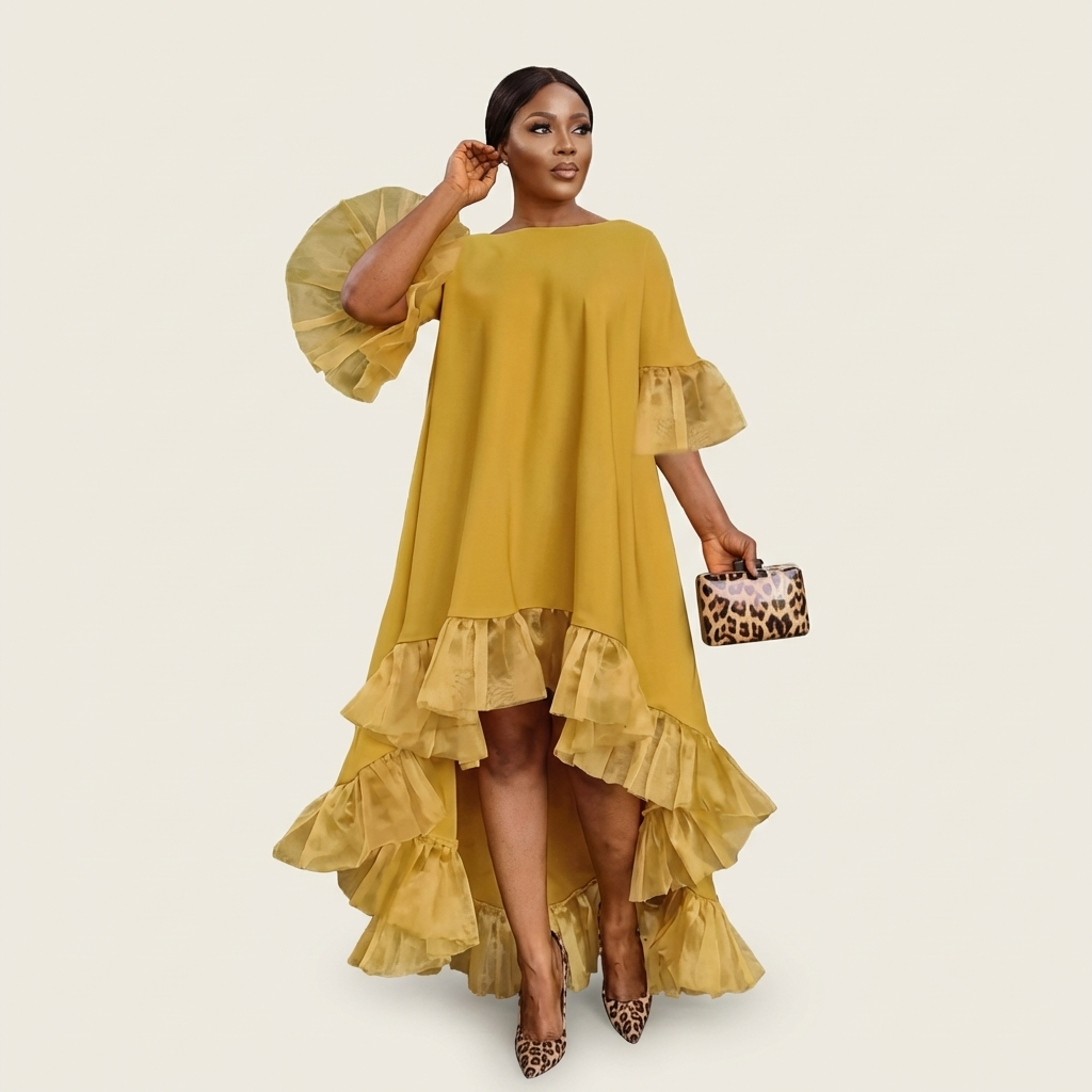 Margot | Crew-Neck Butterfly-Sleeve Tiered Ruffle-Hem Hi-Lo Dress