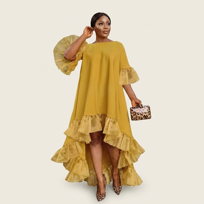 Margot | Crew-Neck Butterfly-Sleeve Tiered Ruffle-Hem Hi-Lo Dress