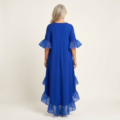 Margot | Crew-Neck Butterfly-Sleeve Tiered Ruffle-Hem Hi-Lo Dress