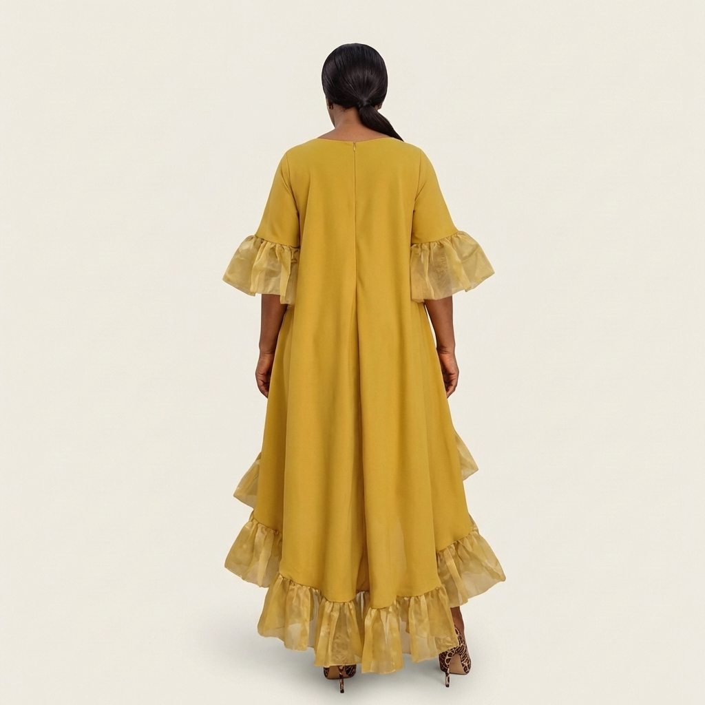 Margot | Crew-Neck Butterfly-Sleeve Tiered Ruffle-Hem Hi-Lo Dress