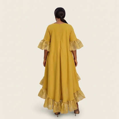 Margot | Crew-Neck Butterfly-Sleeve Tiered Ruffle-Hem Hi-Lo Dress