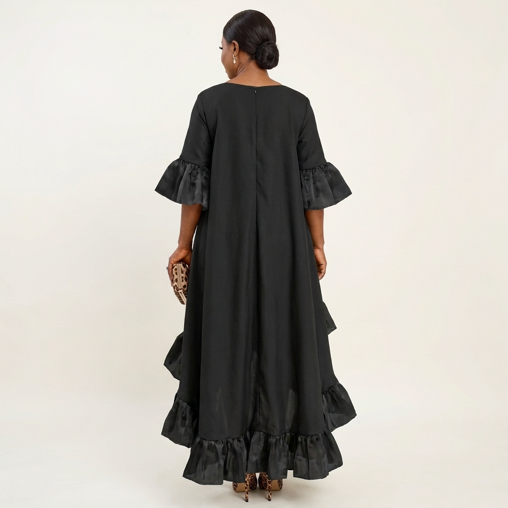 Margot | Crew-Neck Butterfly-Sleeve Tiered Ruffle-Hem Hi-Lo Dress