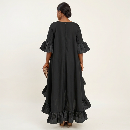 Margot | Crew-Neck Butterfly-Sleeve Tiered Ruffle-Hem Hi-Lo Dress