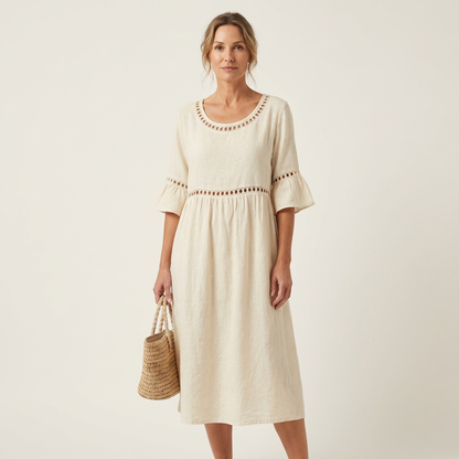 Isa | Crew-Neck Flare-Sleeve Crochet-Trim Linen Midi Dress