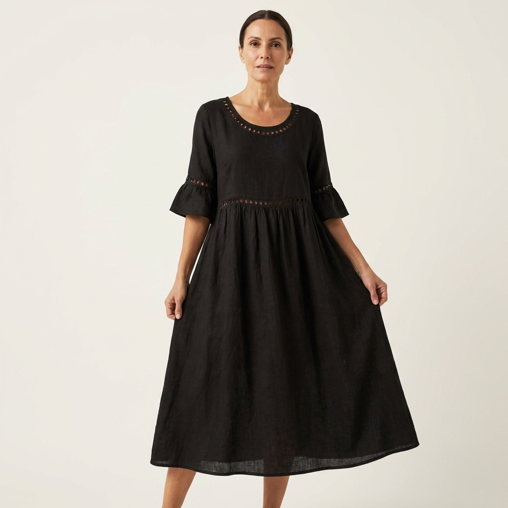 Isa | Crew-Neck Flare-Sleeve Crochet-Trim Linen Midi Dress