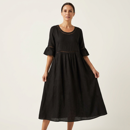 Isa | Crew-Neck Flare-Sleeve Crochet-Trim Linen Midi Dress