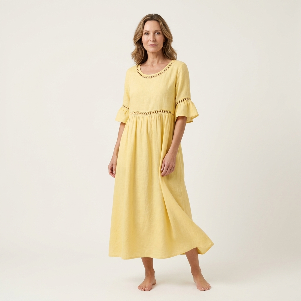 Isa | Crew-Neck Flare-Sleeve Crochet-Trim Linen Midi Dress