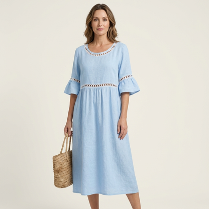 Isa | Crew-Neck Flare-Sleeve Crochet-Trim Linen Midi Dress