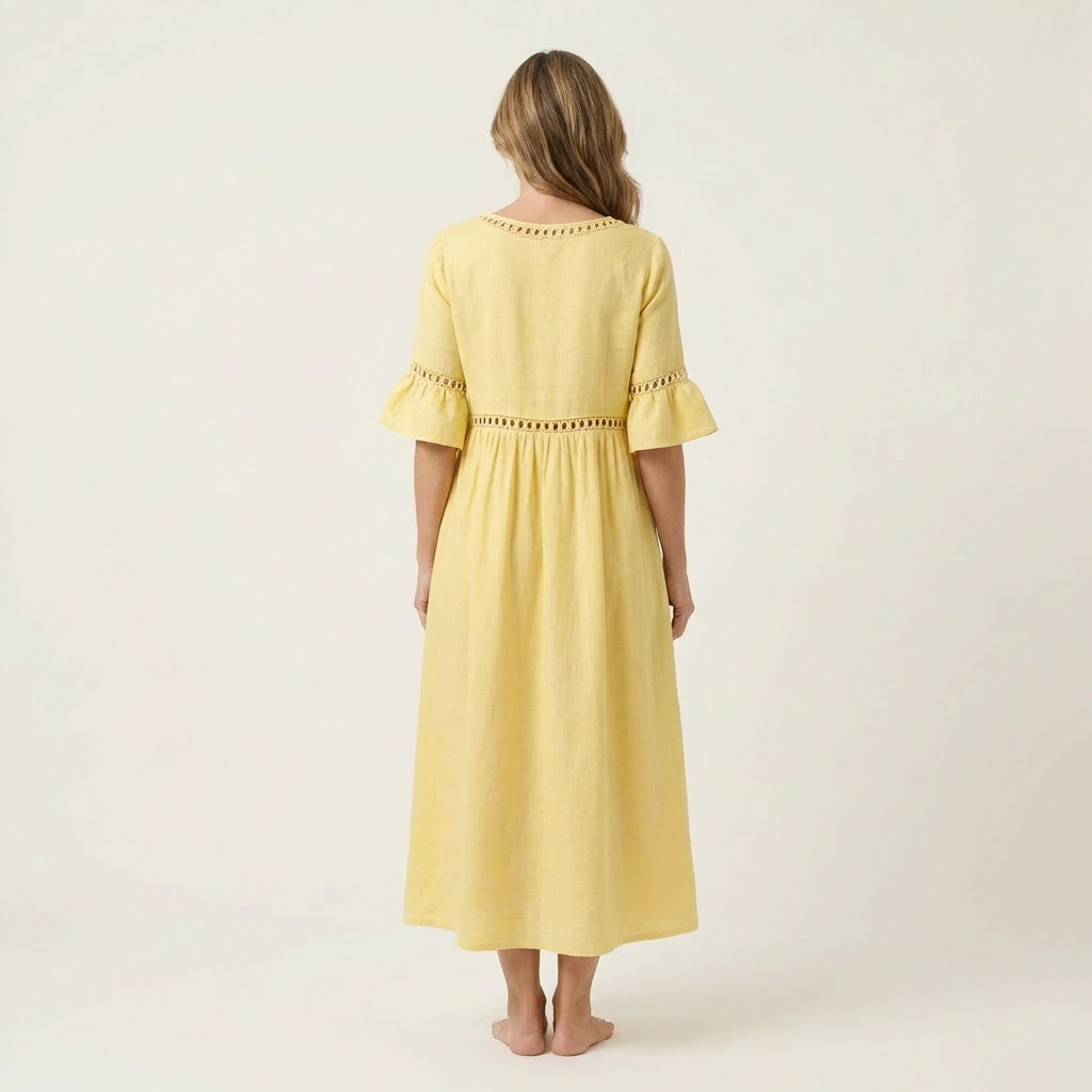 Isa | Crew-Neck Flare-Sleeve Crochet-Trim Linen Midi Dress