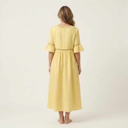 Isa | Crew-Neck Flare-Sleeve Crochet-Trim Linen Midi Dress
