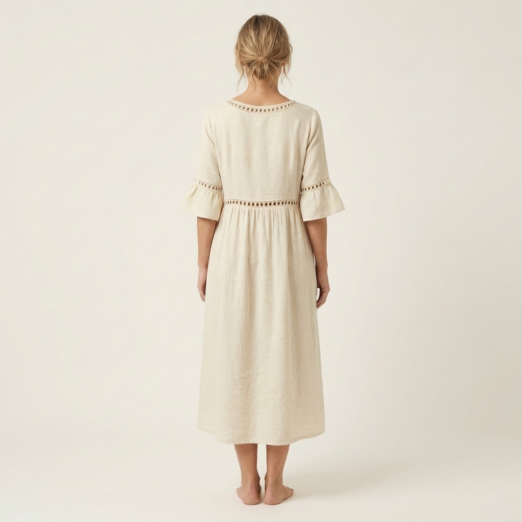Isa | Crew-Neck Flare-Sleeve Crochet-Trim Linen Midi Dress