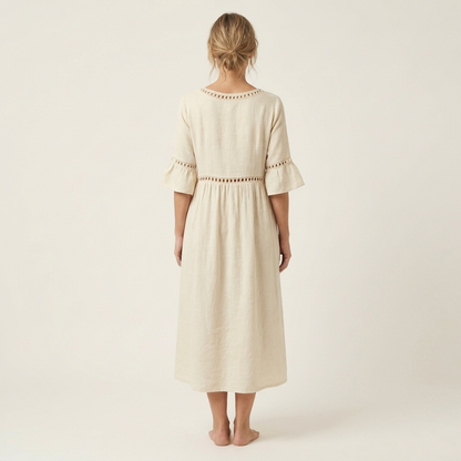 Isa | Crew-Neck Flare-Sleeve Crochet-Trim Linen Midi Dress