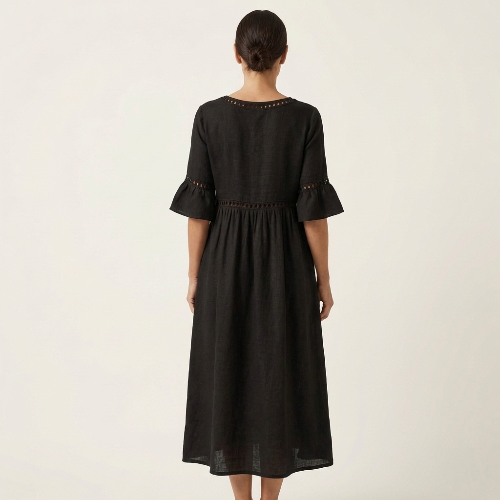 Isa | Crew-Neck Flare-Sleeve Crochet-Trim Linen Midi Dress