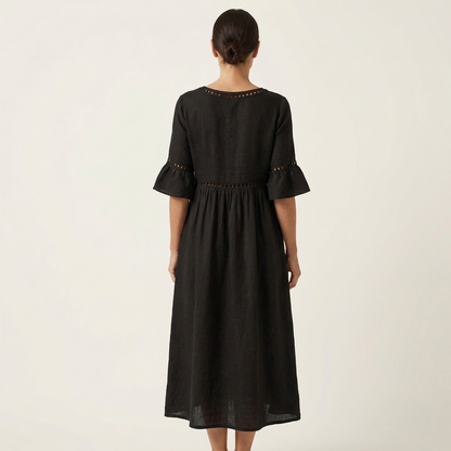 Isa | Crew-Neck Flare-Sleeve Crochet-Trim Linen Midi Dress