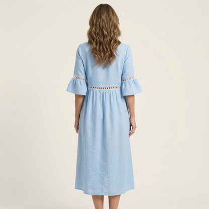 Isa | Crew-Neck Flare-Sleeve Crochet-Trim Linen Midi Dress