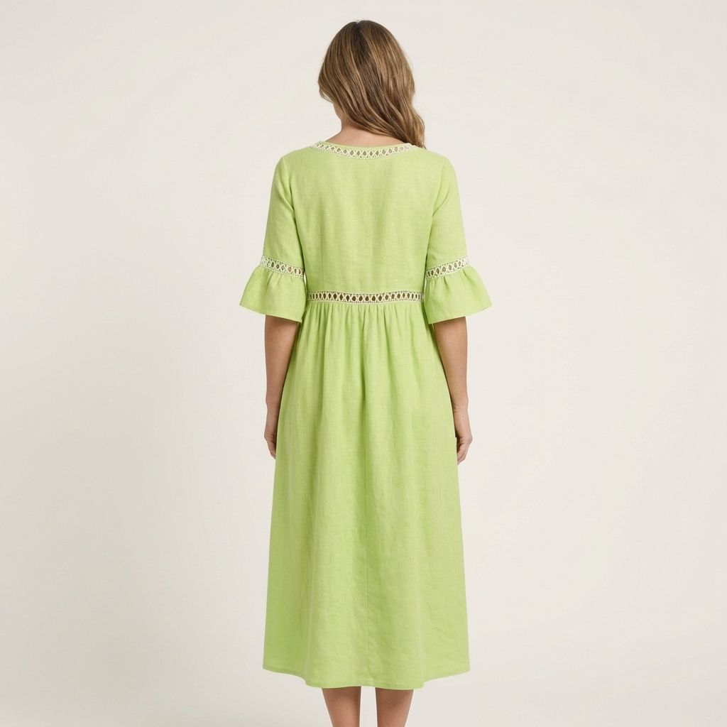 Isa | Crew-Neck Flare-Sleeve Crochet-Trim Linen Midi Dress