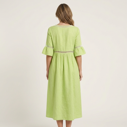 Isa | Crew-Neck Flare-Sleeve Crochet-Trim Linen Midi Dress