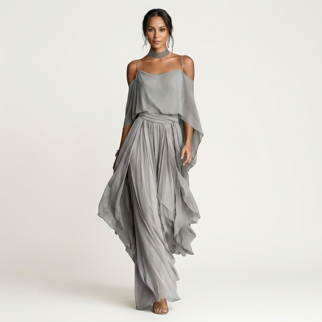 Daniella | Cold-Shoulder Chiffon Drape Top & Wide-Leg Palazzo Pant Set