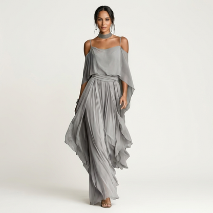 Daniella | Cold-Shoulder Chiffon Drape Top & Wide-Leg Palazzo Pant Set