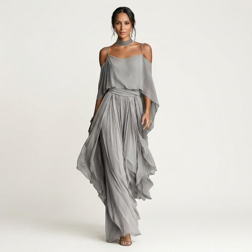Daniella | Cold-Shoulder Chiffon Drape Top & Wide-Leg Palazzo Pant Set