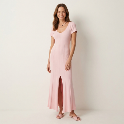 Sharin | Fitted Knit Maxi Dress with V-Neck & Front Slit