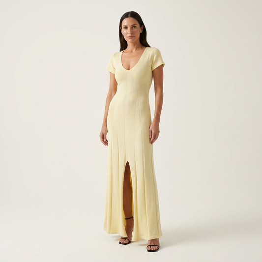 Sharin | Fitted Knit Maxi Dress with V-Neck & Front Slit