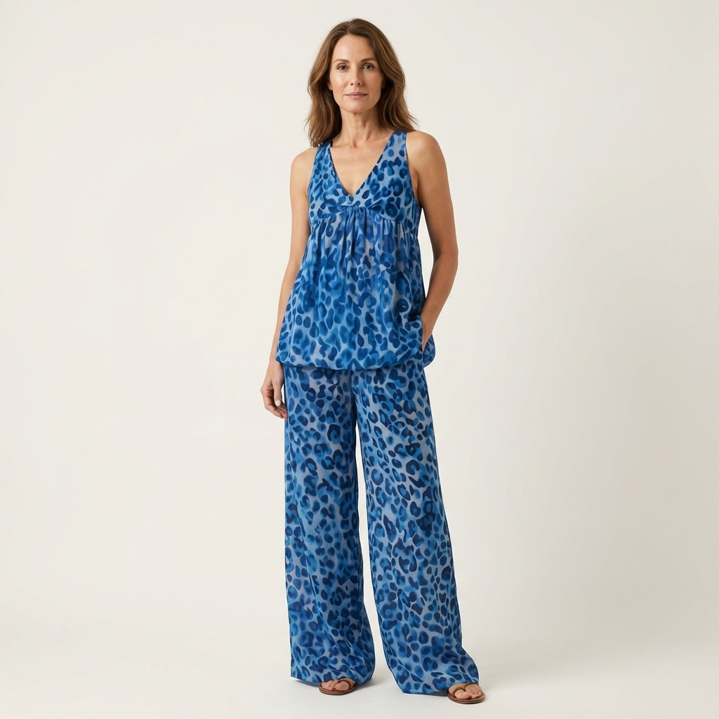 Anivia | Flowy Leopard Print Halter Top & Wide-Leg Trouser Set
