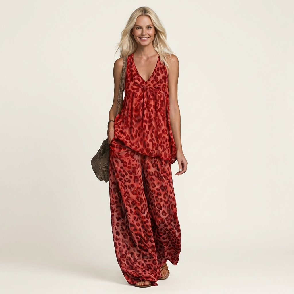 Anivia | Flowy Leopard Print Halter Top & Wide-Leg Trouser Set