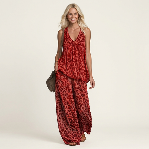Anivia | Flowy Leopard Print Halter Top & Wide-Leg Trouser Set