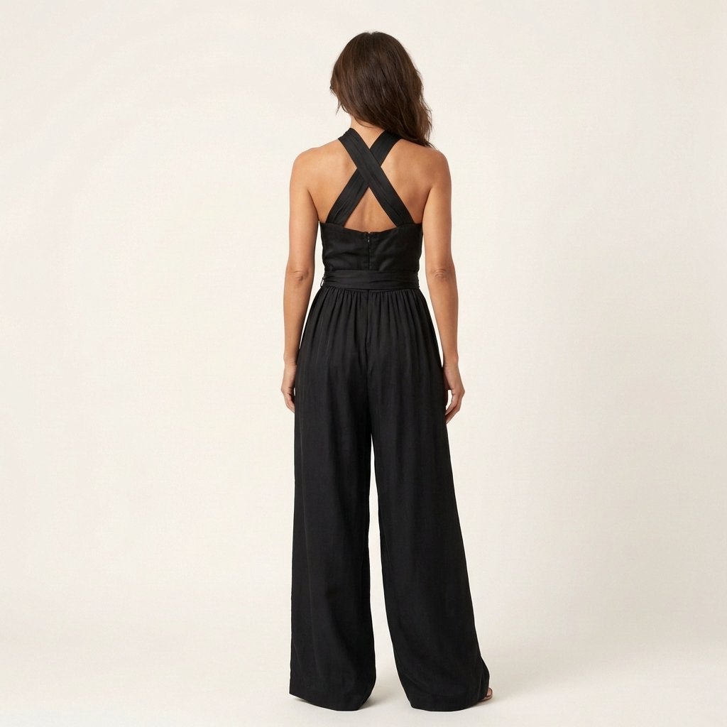 Lalita | Cross-Halter Jumpsuit with Tie Waist & Wide-Leg Trousers