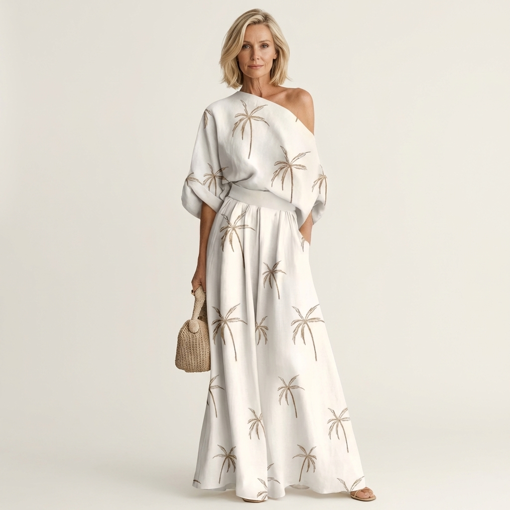 Marilla | One-Shoulder Printed Top & Full Maxi Skirt Set