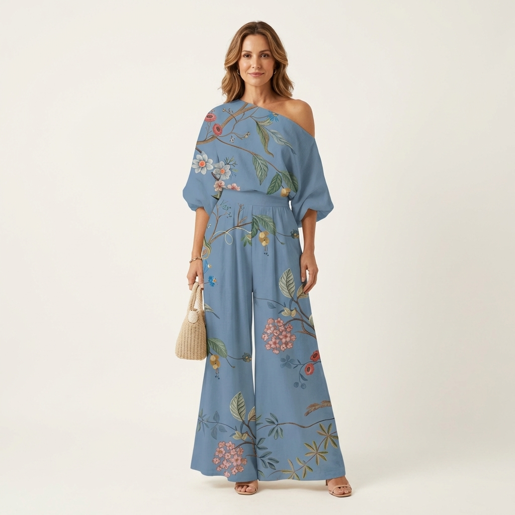 Marilla | One-Shoulder Printed Top & Full Maxi Skirt Set
