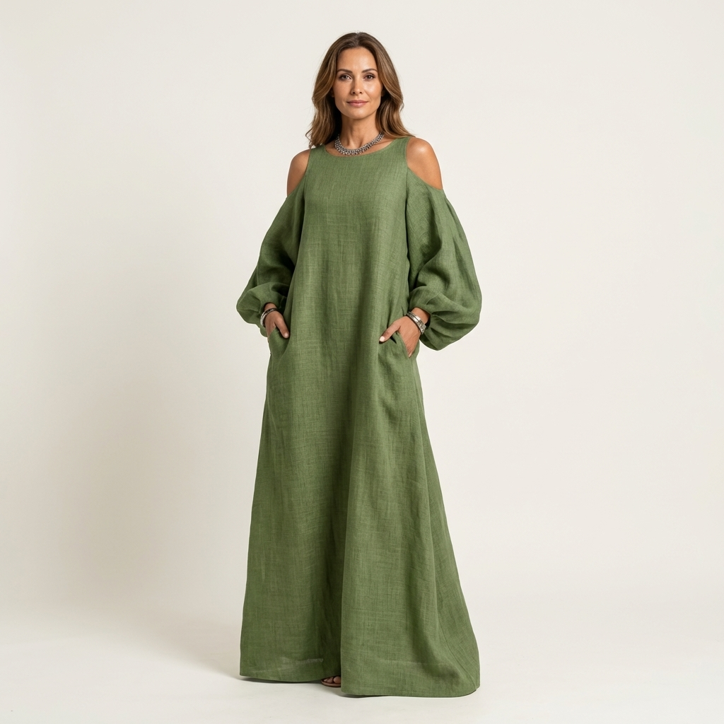 Zelia | Oversized Cold-Shoulder Maxi Dress with Bishop Sleeves & Pockets