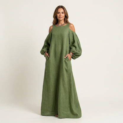 Zelia | Oversized Cold-Shoulder Maxi Dress with Bishop Sleeves & Pockets