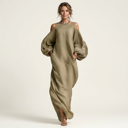 Zelia | Oversized Cold-Shoulder Maxi Dress with Bishop Sleeves & Pockets